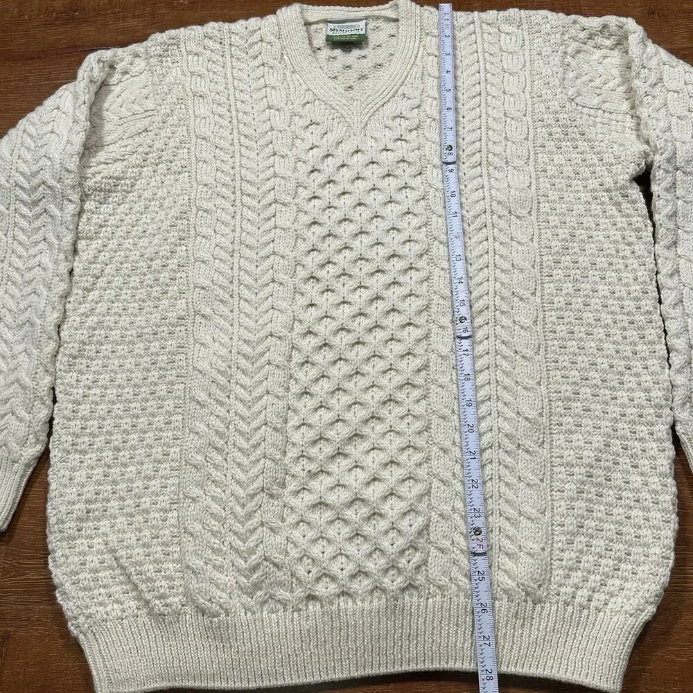 Shannon Woolen Mills Cable Knit Sweater Mens XL Ivory Merino Wool V Neck Ireland
